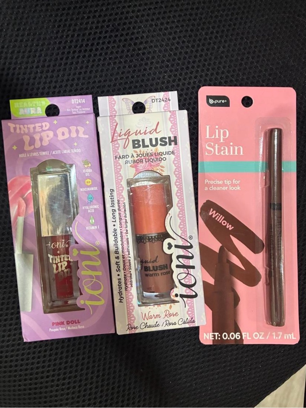 Ioni Tinted Lip Oil & Liquid Blush & Bpure Lip Stain set of 3 Makeup products